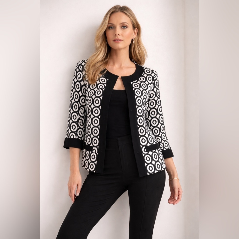 Joseph Ribkoff Black White Geometric Jacket Size 12 Open Front 3/4 Sleeve
